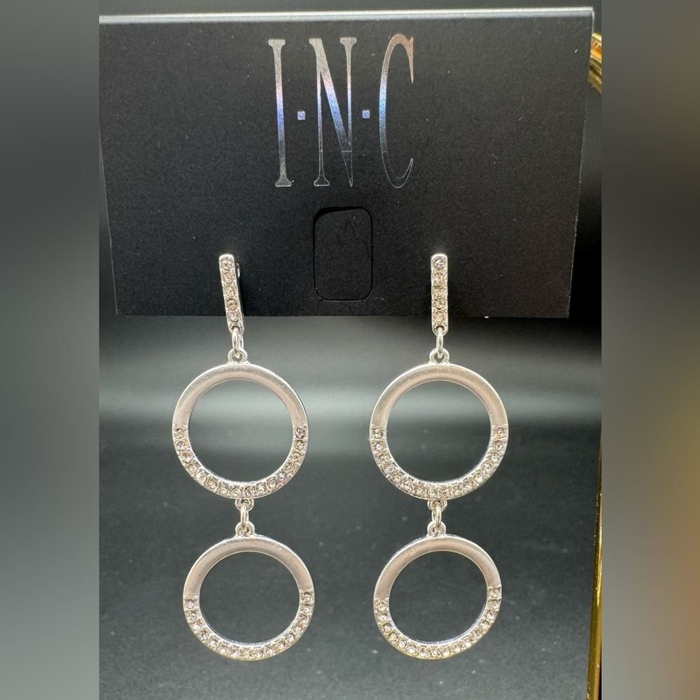 INC Silver Tone Crystal Embellished Double Ring Drop Post Earrings 2.25 inch
